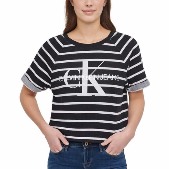 NEW Calvin Klein ~ Black White Striped Logo Crop Top ~ Small - Picture 1 of 5